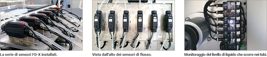 La serie di sensori FD-X installati. / Vista dall'alto dei sensori di flusso. / Monitoraggio del livello di liquido che scorre nei tubi. 