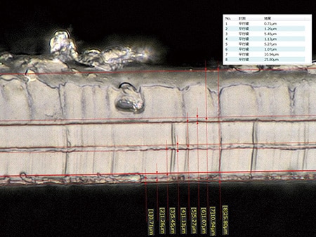 Misura dello spessore della sezione trasversale di un film multistrato con il microscopio digitale 4K della Serie VHX