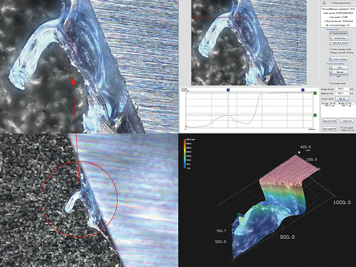 Osservazione inclinata di un bordo difettoso (immagini ad alto/basso ingrandimento, misurazione della forma 3D e misurazione del profilo)