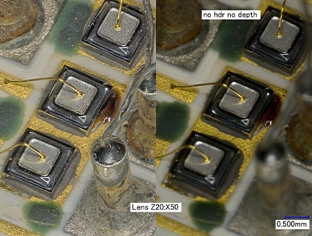 Sinistra: imaging HDR + composizione della profondità/destra: normale (50x)