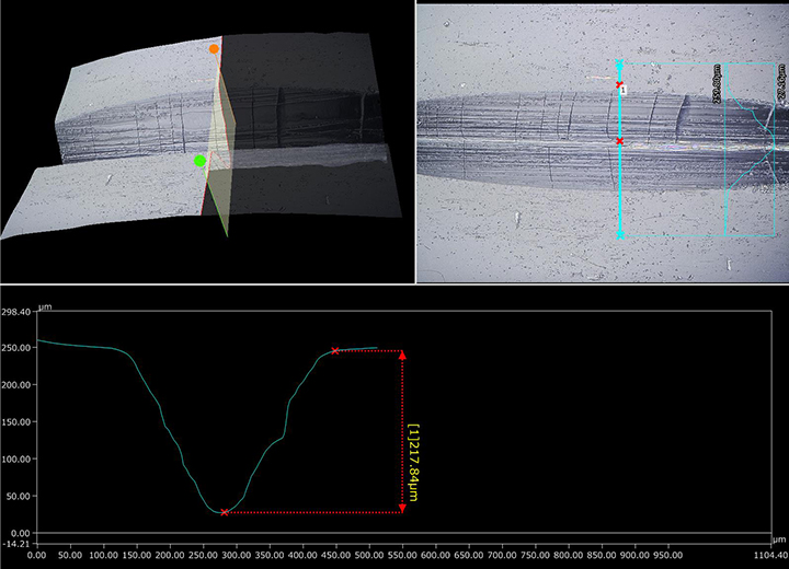 Illuminazione coassiale + HDR (300x) + Visualizzazione 3D e misurazione del profilo