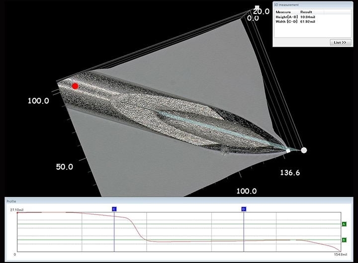 Misurazione 3D della forma e del profilo della punta di un ago medico