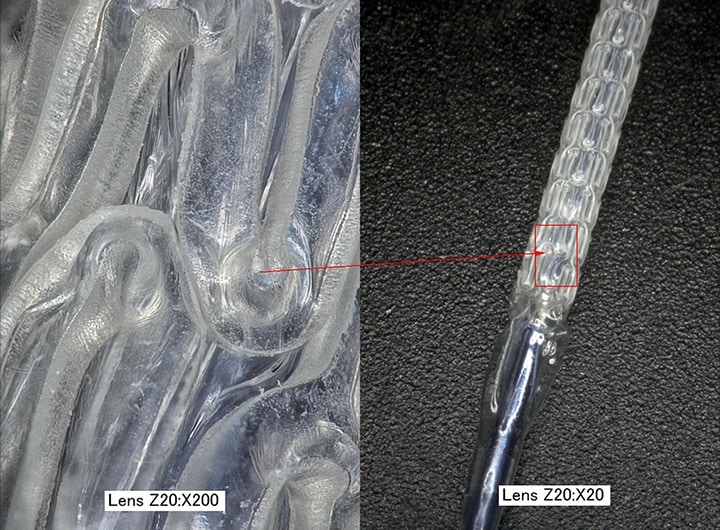Immagini ingrandite di uno stent bioassorbibile (sinistra: 200x/destra: 20x)